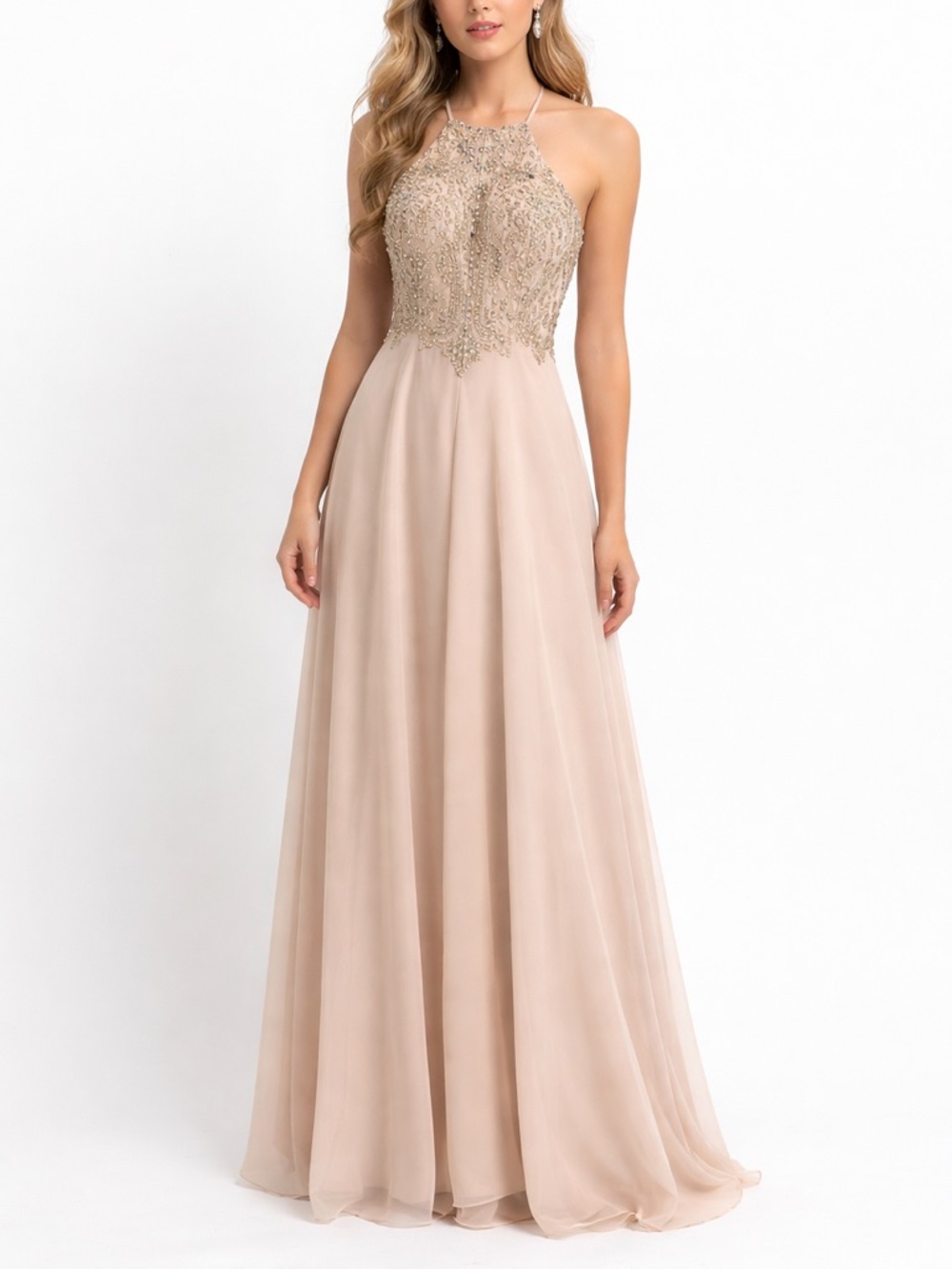 Dancing Queen Prom Dress Beaded Rhinestone Applique Long Blush Nude XS Formal